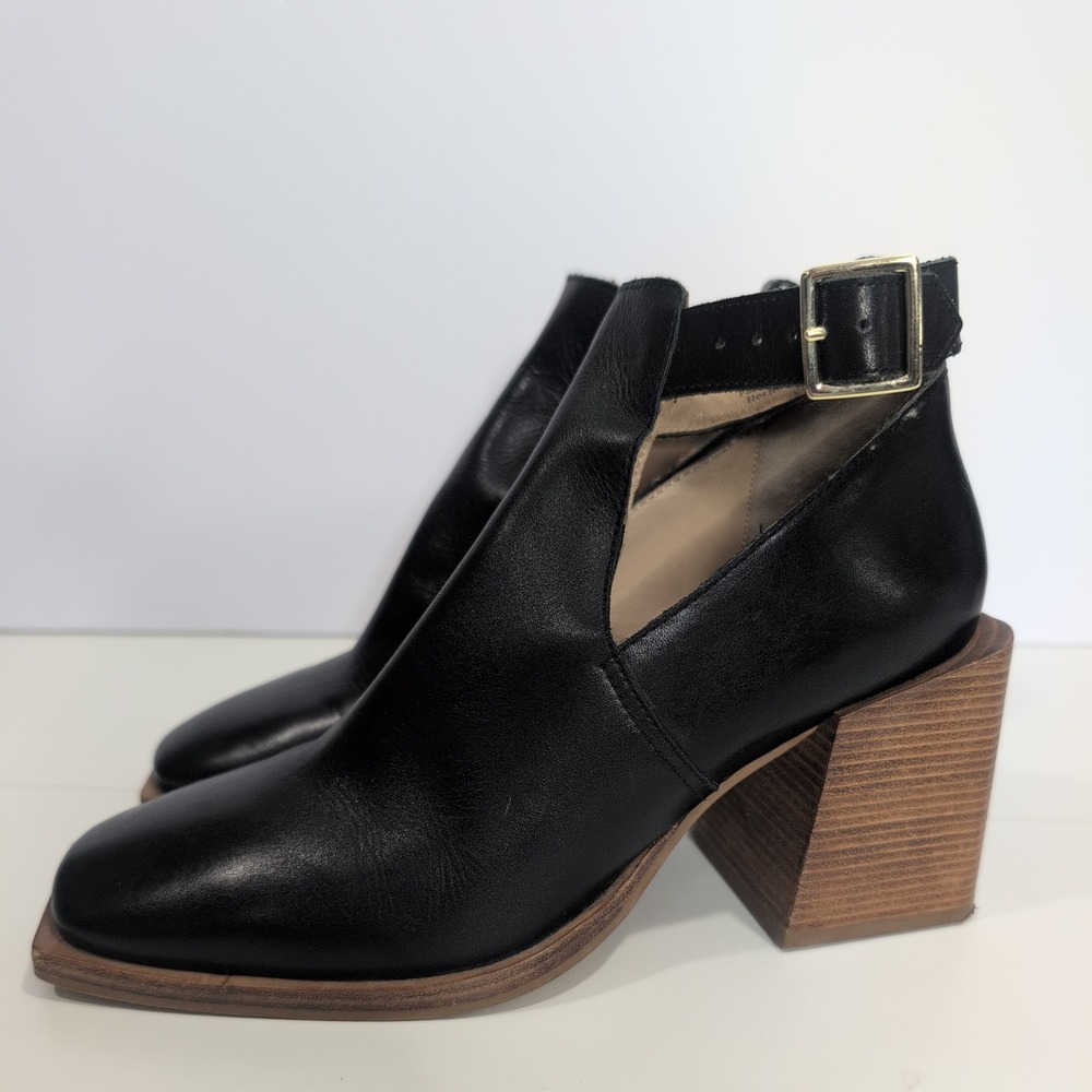 Free People Black Leather Square Toe Block Heel Ankle Boots Buckle Strap 40